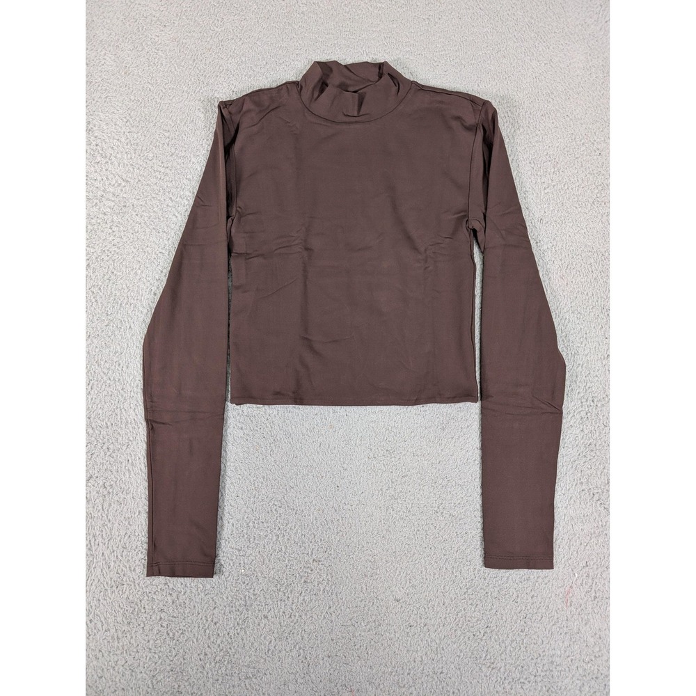 Babaton Aritzia Shirt Womens Small‎ Brown Long Sleeve Mock Neck Cropped Stretch